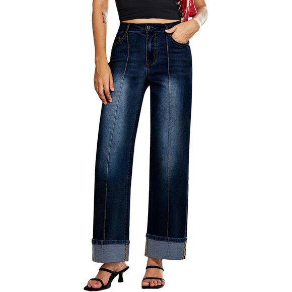 Women's Wide Leg Cuffed Jeans High Waisted Baggy Stretchy Denim Pants - Picture 6 of 6